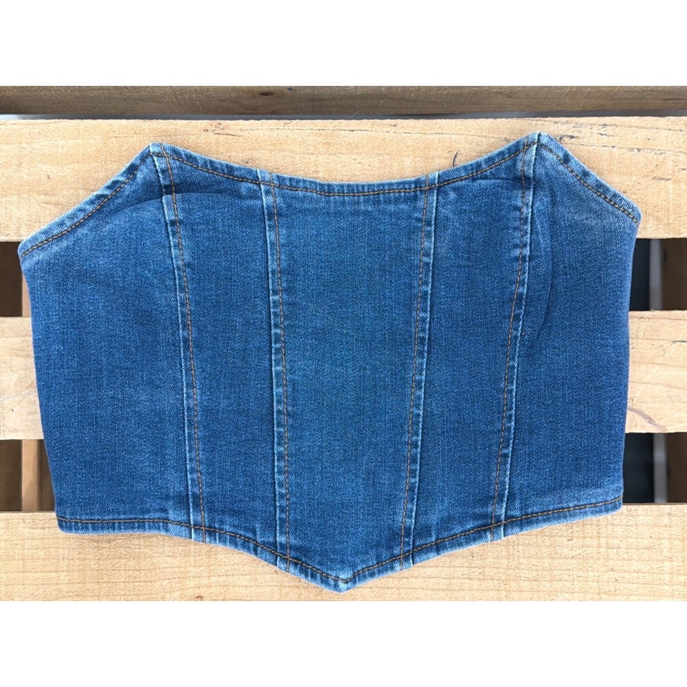 Adika Denim Corset Top‎ Blue Medium Wash Strapless Bustier Size S